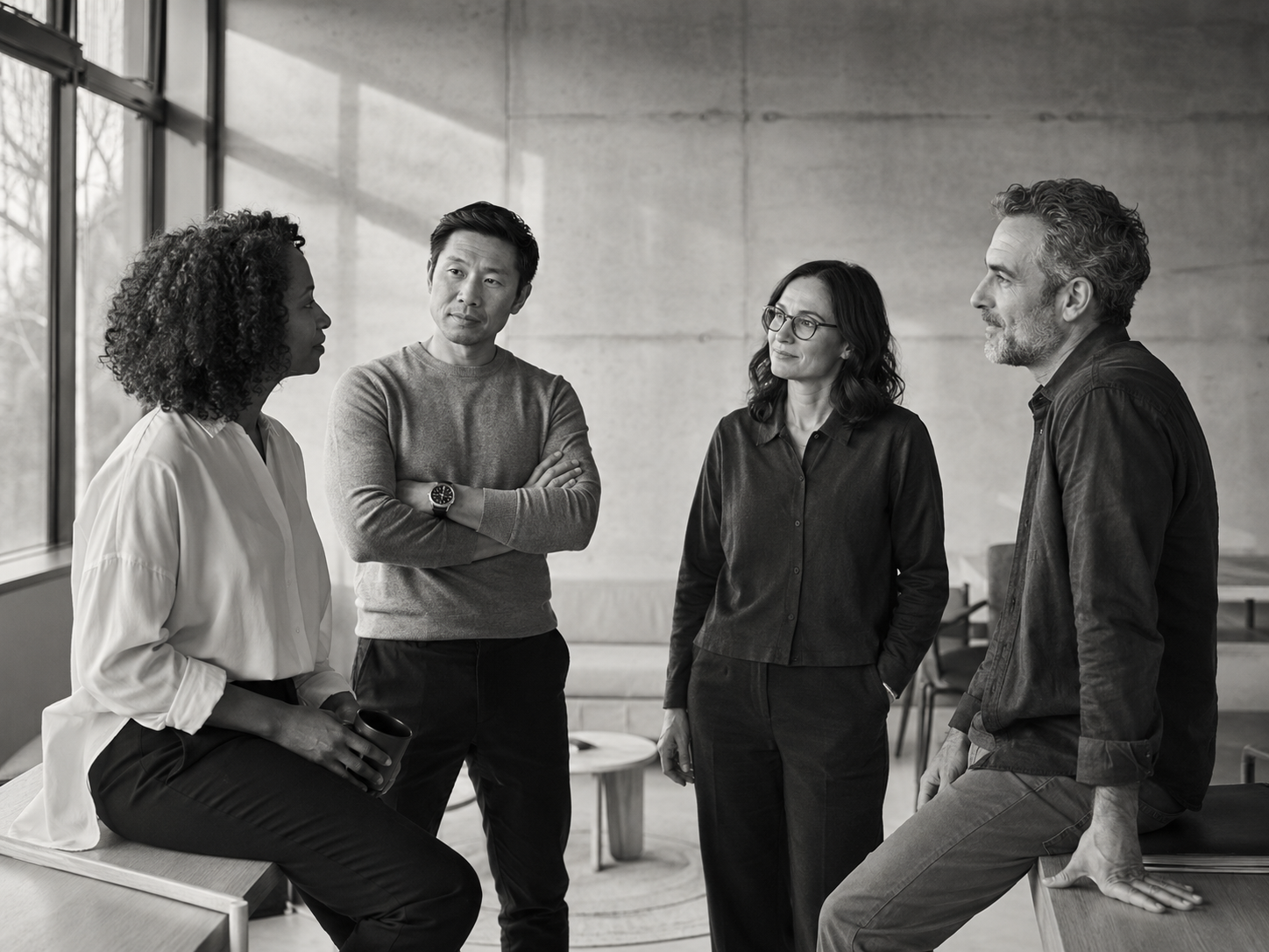 Experienced professionals collaborating in a modern workplace